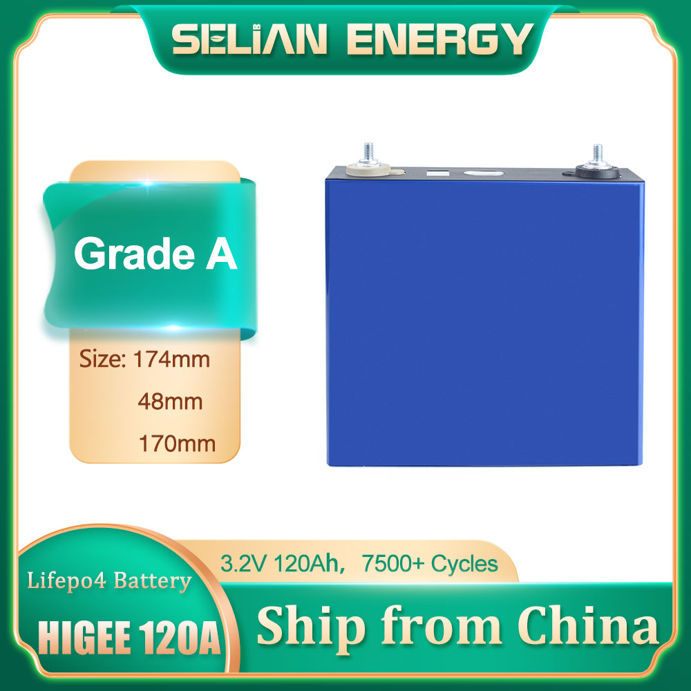 HIGEE 3.2V 120Ah 4PCS Lifepo4 Battery Cell 3500+Cycle life Rechargeable For DIY 12V 24V 48V 120Ah Battery Pack Solar Wind Energy Storage System