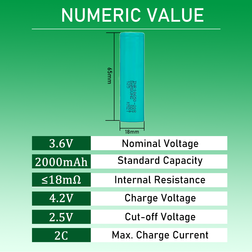 Samsung INR18650-20R 3.6V 2000mah lithium ion battery
