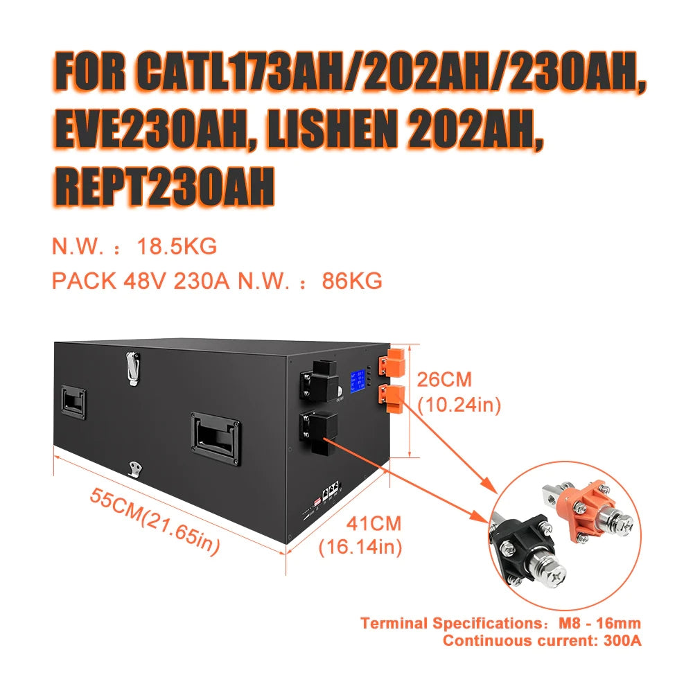 51.2V 16S 230A LiFePo4 Battery Box Kit With BT BMS For Home Solar Energy Storage