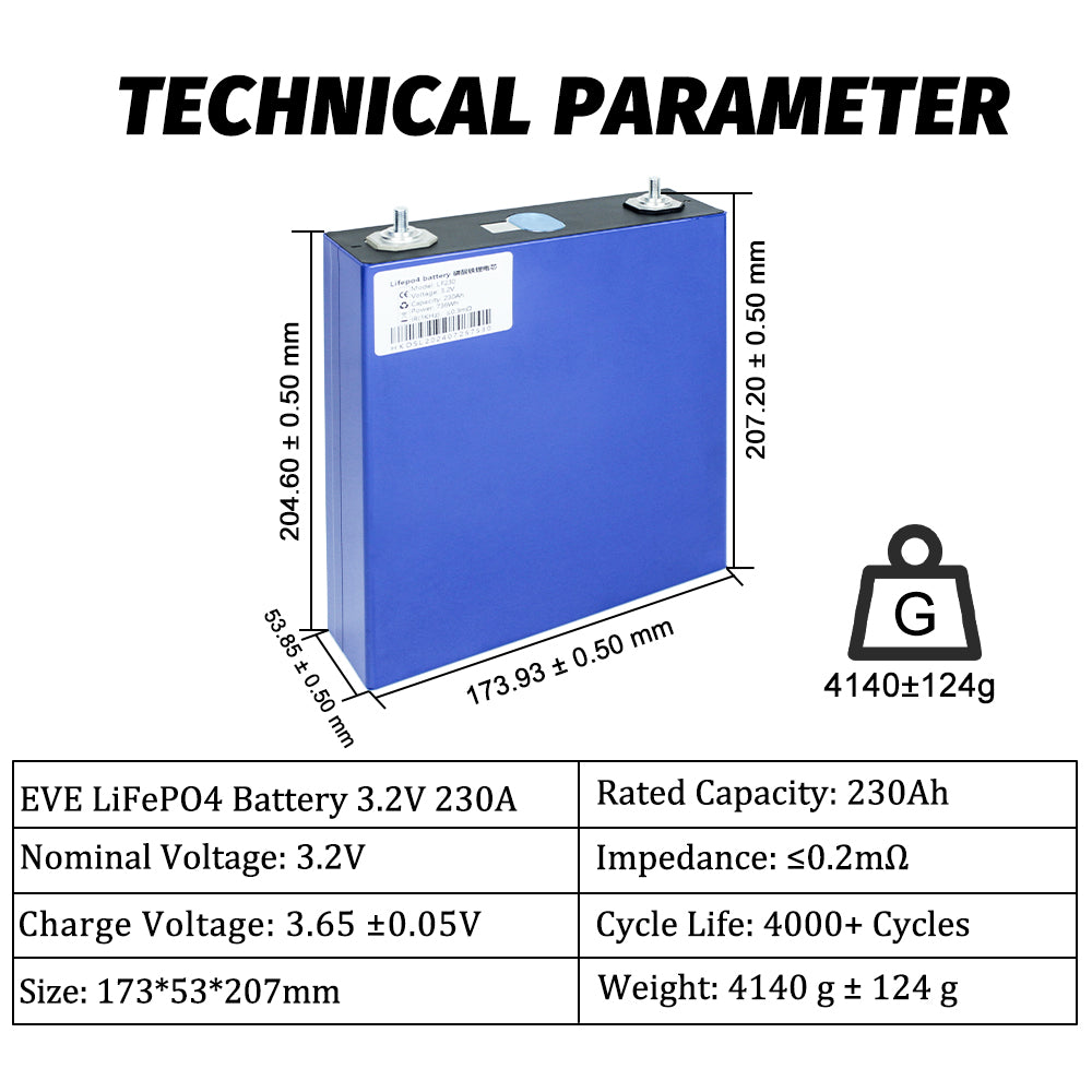 EVE 230Ah LiFePO4 3.2V Grade A Cell Rechargeable LFP Batteryfor Energy storage,Solar,RV,EV