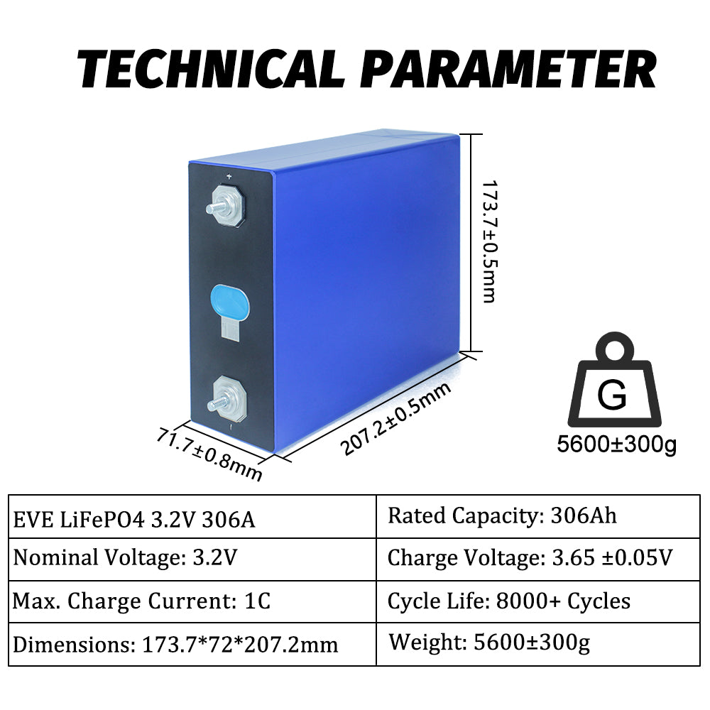 EVE MB30 306Ah LiFePO4 Cell 3.2V LF306 Grade A Rechargeable Prismatic Battery For RV,EV,Solar