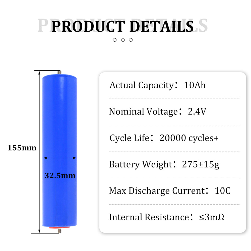 2025 High Power Grade A 10C 20000 cycles+ 32145 Cylindrical Lithium Titanate 2.4v 10ah LTO Electrified monorail system battery
