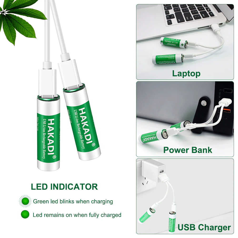 AA NiMH Battery 1.5V 2500mWh Rechargeable Cell with 2 in 1 USB Charging Cable for toy KTV Household Electronic Device