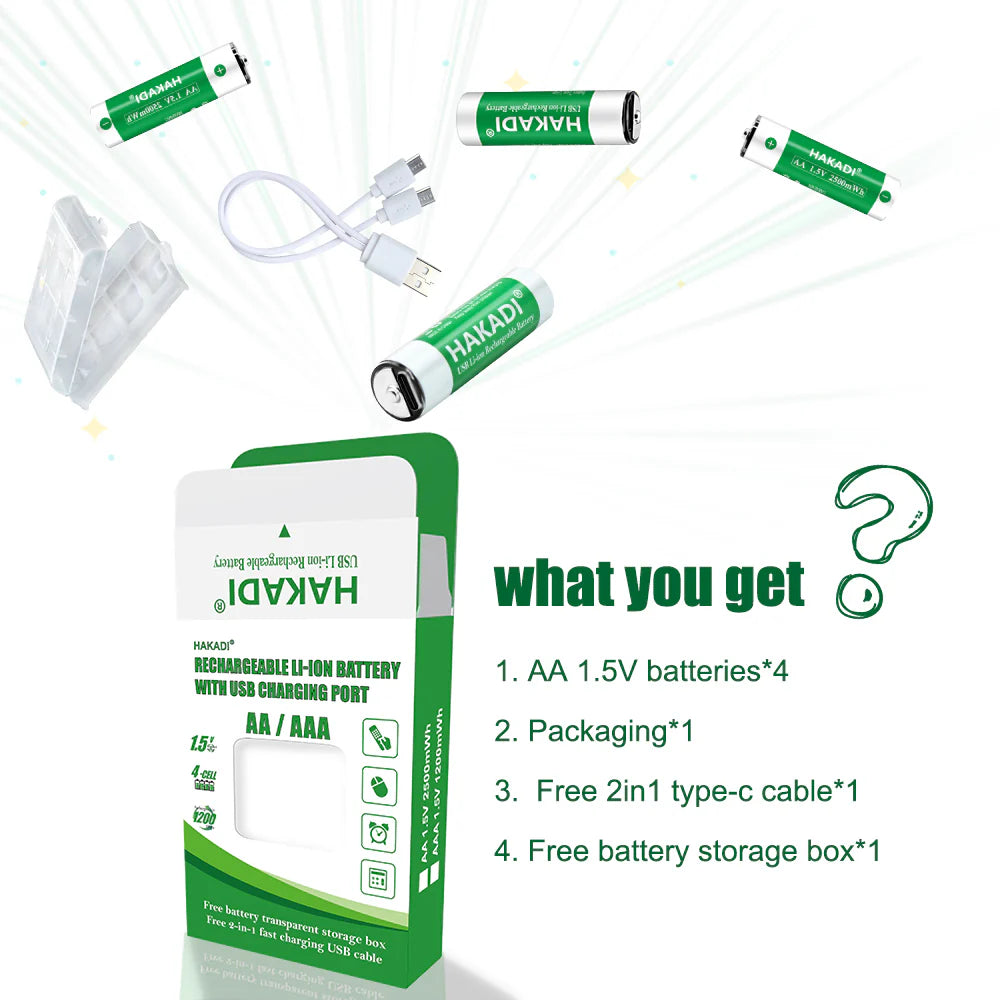 AA NiMH Battery 1.5V 2500mWh Rechargeable Cell with 2 in 1 USB Charging Cable for toy KTV Household Electronic Device