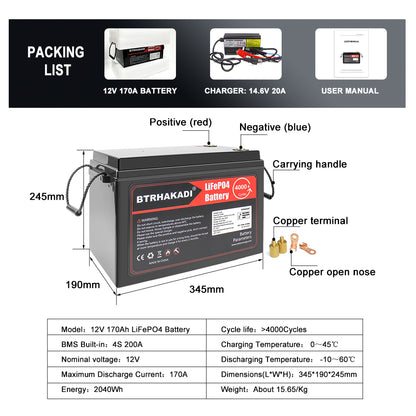 12V 170Ah Lifepo4 Rechargeable Battery Pack with BMS With 14.6V 20A Charger For RV Boat