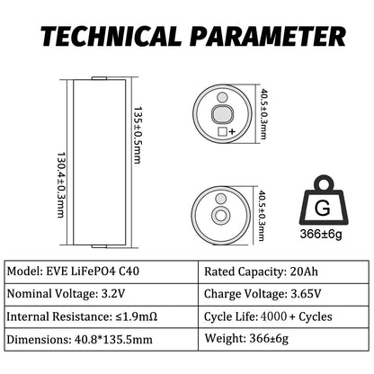 Brand New EVE C40 LiFePO4 3.2V 20A Rechargeable Cylindrical LFP  Battery Cells For DIY 12V 24V 48V Pack Solar Energy Storage