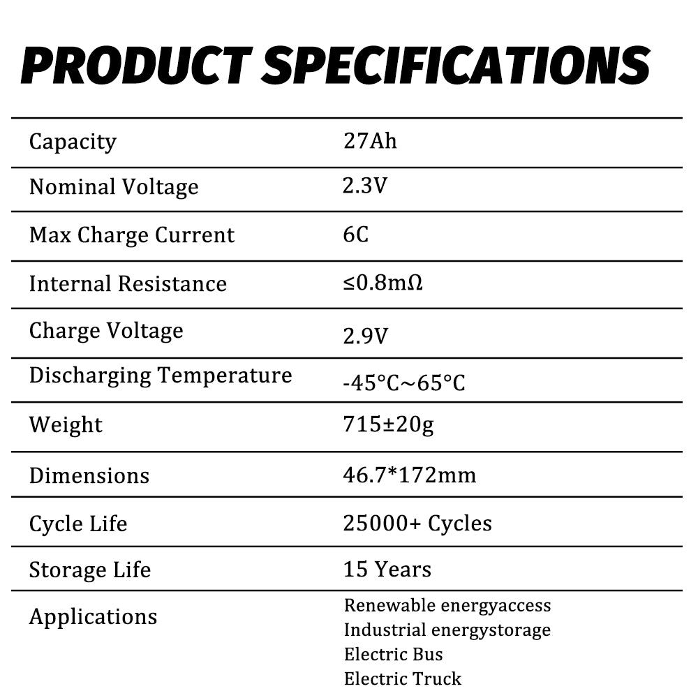 2.3V 27Ah Selian Energy Grade A Prismatic Rechargeable LTO Battery Cells with High Capacity for Lighting Tower