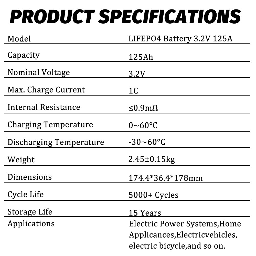 CALB-3.2V 125Ah 4PCS LiFePO4 Battery Cells Cycle life 5000+Rechargeable for solar energy storage diy pack and Golf cart power wall