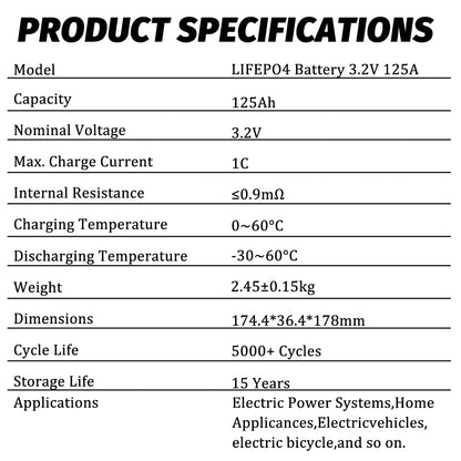 CALB-3.2V 125Ah 4PCS LiFePO4 Battery Cells Cycle life 5000+Rechargeable for solar energy storage diy pack and Golf cart power wall