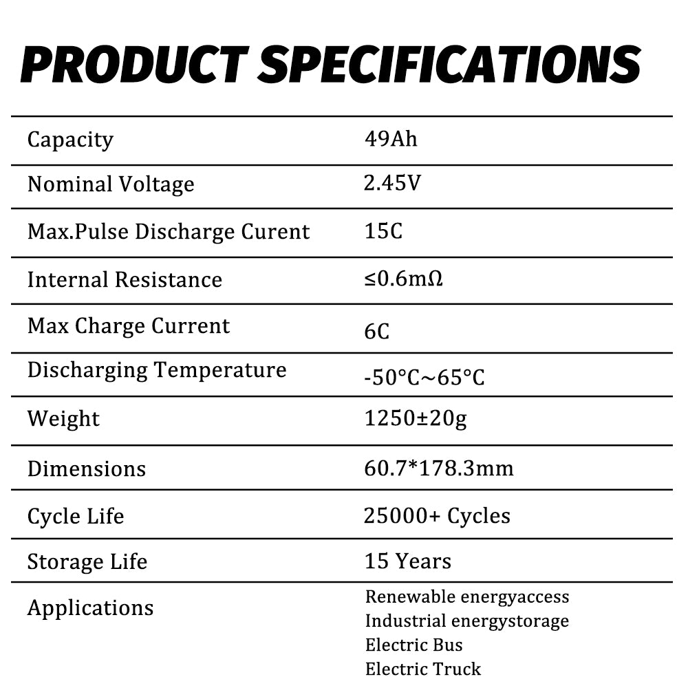 Selian Energy Grade A 2.45V 49Ah Cylindrical Rechargeable LTO Battery Cells with High Capacity for Energy Storage Battery Pack