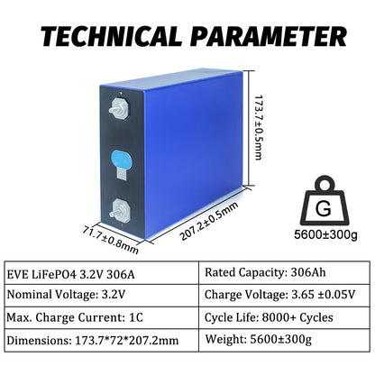 EVE  MB30 306Ah LiFePO4 Cell 3.2V LF306 Grade A Rechargeable Prismatic Battery For RV,EV,Solar