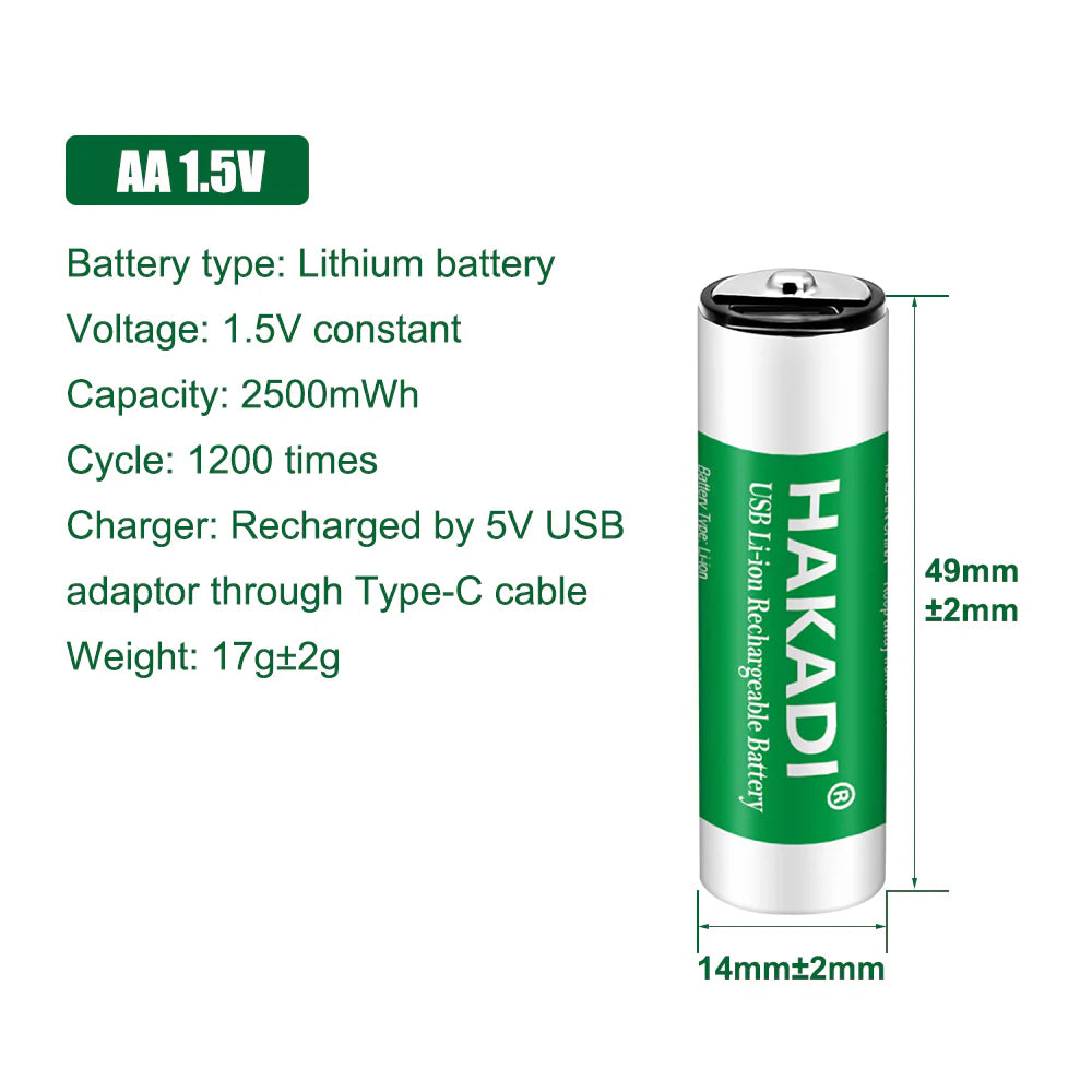 AA NiMH Battery 1.5V 2500mWh Rechargeable Cell with 2 in 1 USB Charging Cable for toy KTV Household Electronic Device