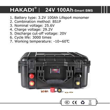 LiFePO4 Rechargeable Battery Pack 24V 100A Built in BT BMS With 29.2V 10A Charger