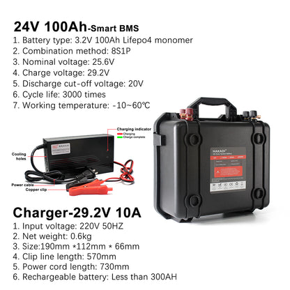 LiFePO4 Rechargeable Battery Pack 24V 100A Built in BT BMS With 29.2V 10A Charger