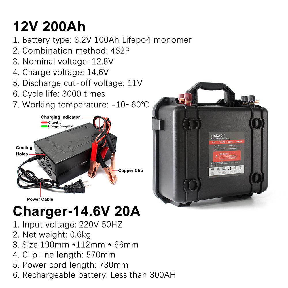 12V 200Ah Lifepo4 Rechargeable Battery Pack Build in BMS With 14.6V 20A Charger For Boat RV Fish Finder